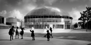 school building with glass dome modern architectural black and white